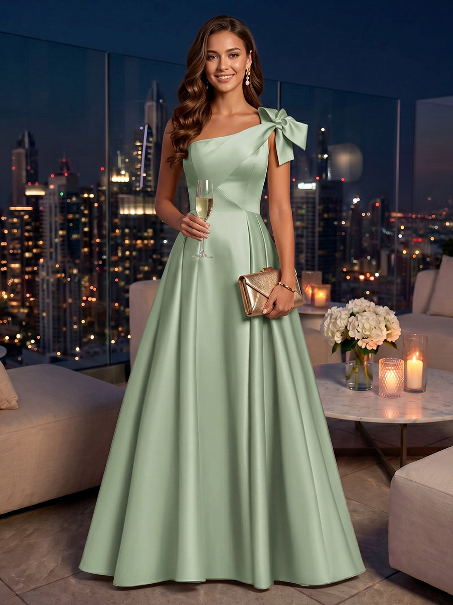One Shoulder Satin A Line Floor Length Long Evening Dresses