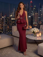 Halter Satin Mermaid Floor Length Long Evening Dresses
