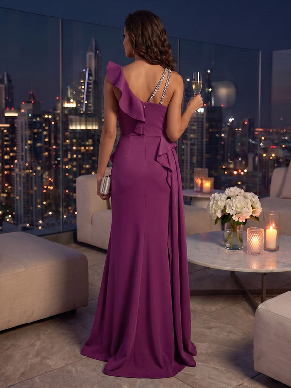 Strapless Satin Sheath/Mermaid Ruffles Floor Length Evening Dresses with Slit