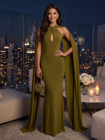 Halter Mermaid Satin Floor Length Long Evening Dresses with Scarf