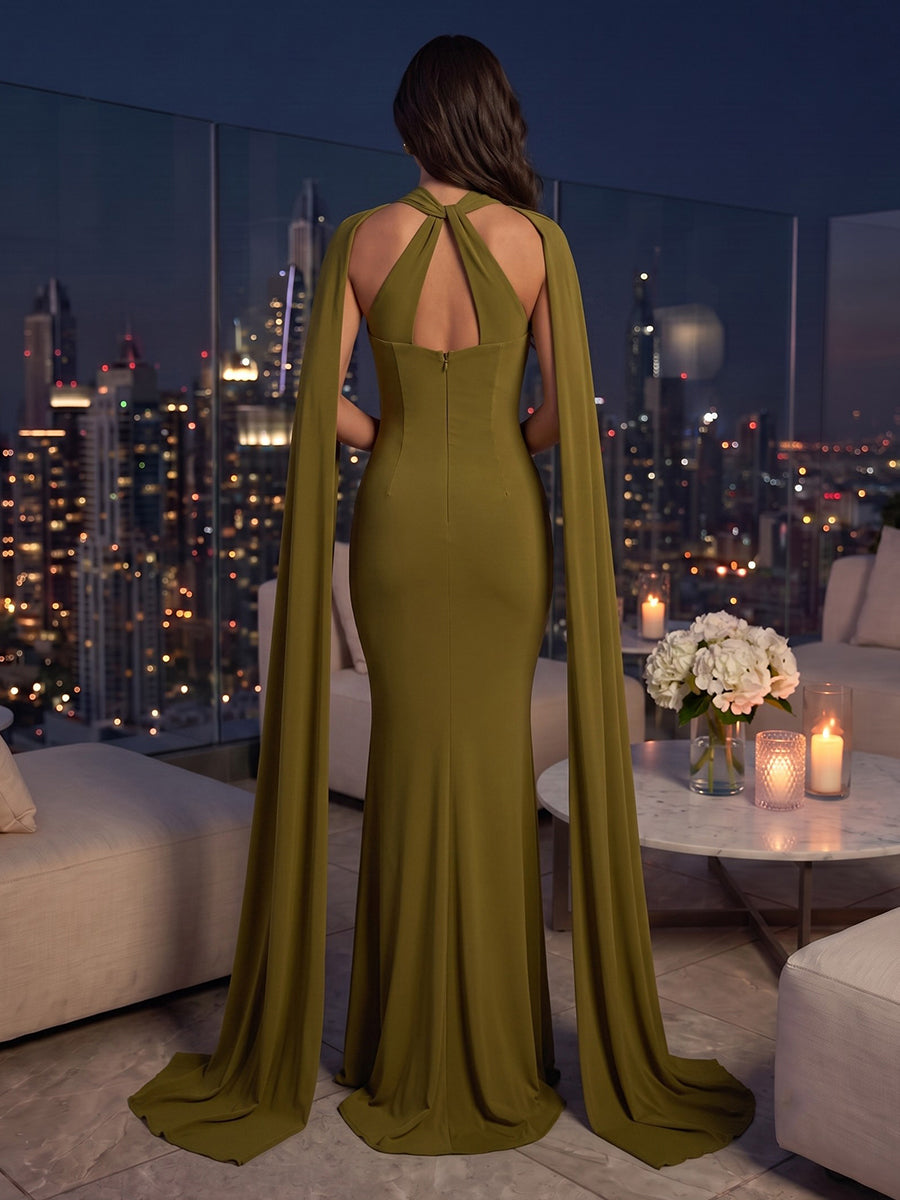 Halter Mermaid Satin Floor Length Long Evening Dresses with Scarf