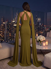 Halter Mermaid Satin Floor Length Long Evening Dresses with Scarf