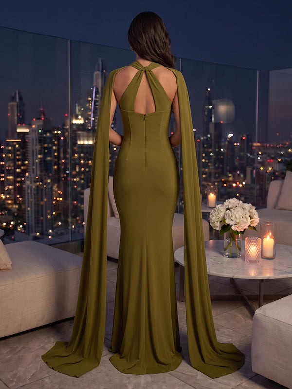 Halter Mermaid Satin Floor Length Long Evening Dresses with Scarf