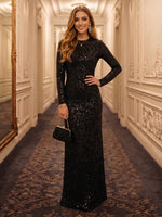 Long Sleeves Mermaid Sequin Round Neck Floor Length Evening Dresses