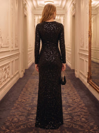 Long Sleeves Mermaid Sequin Round Neck Floor Length Evening Dresses