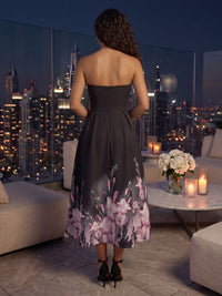 Strapless A Line Tea Length Jacquard Evening Dresses
