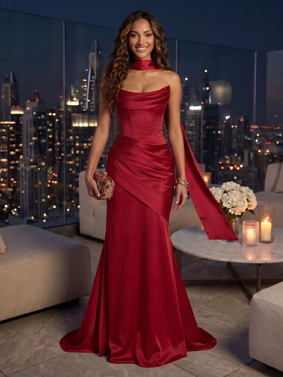 Strapless Sleeveless Mermaid Satin Floor Length Evening Dresses with Scarf