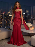 Strapless Sleeveless Mermaid Satin Floor Length Evening Dresses with Scarf