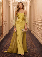 Off the Shoulder Mermaid Satin Floor Length Evening Dresses with Long Sleeves