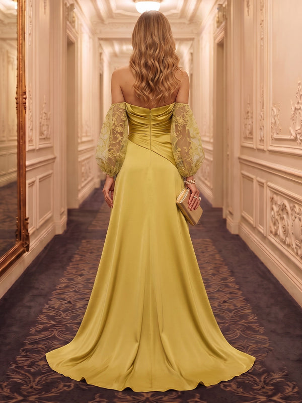 Off the Shoulder Mermaid Satin Floor Length Evening Dresses with Long Sleeves