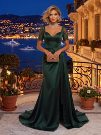 V Neck Short Sleeves Mermaid Satin Floor Length Evening Dresses