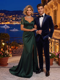 V Neck Short Sleeves Mermaid Satin Floor Length Evening Dresses