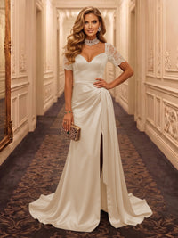 V Neck Short Sleeves Mermaid Satin Floor Length Evening Dresses