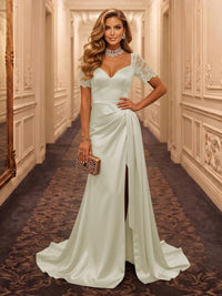 V Neck Short Sleeves Mermaid Satin Floor Length Evening Dresses