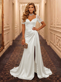 V Neck Short Sleeves Mermaid Satin Floor Length Evening Dresses