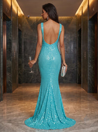 Sequin Mermaid Square Neck Sleeveless Long Evening Dresses