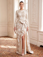 Jacquard Evening Dresses Sheath Long Sleeves Scoop Neck Floor Length with Bow