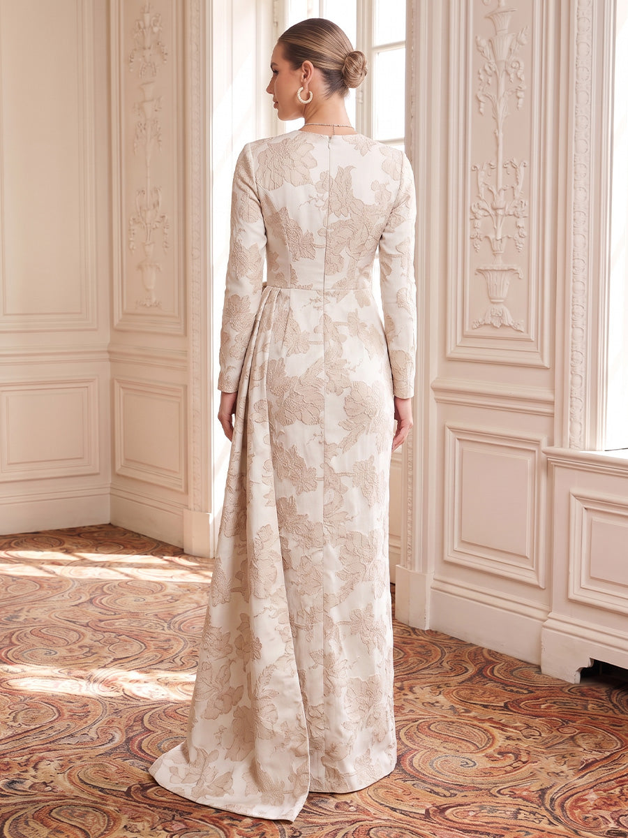 Jacquard Evening Dresses Sheath Long Sleeves Scoop Neck Floor Length with Bow