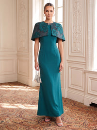 Jacquard Evening Dresses Sheath Boat Neck Floor Length Cape Sleeves