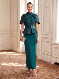 Jacquard Evening Dresses Sheath Cape Sleeves High Neck Ankle Length