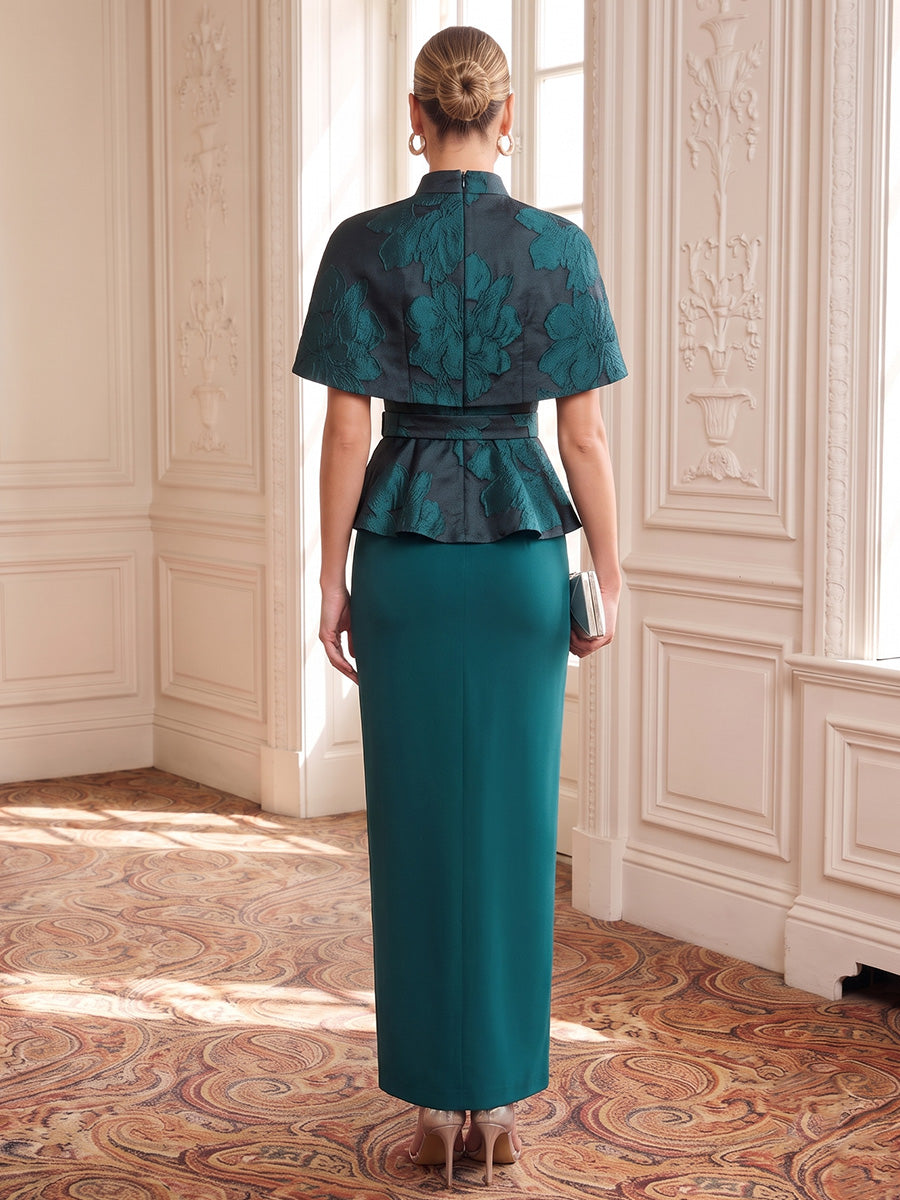 Jacquard Evening Dresses Sheath Cape Sleeves High Neck Ankle Length