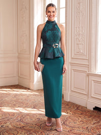 Jacquard Evening Dresses Sheath Cape Sleeves High Neck Ankle Length