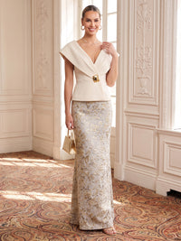 Jacquard Evening Dresses Sheath Cap Sleeves V Neck Floor Length