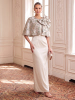 Jacquard Evening Dresses Sheath Cape Sleeves Scoop Neck Floor Length with Bow