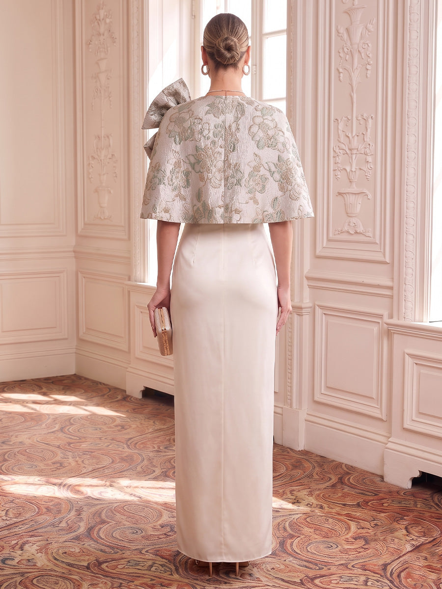 Jacquard Evening Dresses Sheath Cape Sleeves Scoop Neck Floor Length with Bow