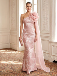 Jacquard Evening Dresses Sheath Sleeveless One Shoulder Floor Length 3D Flowers