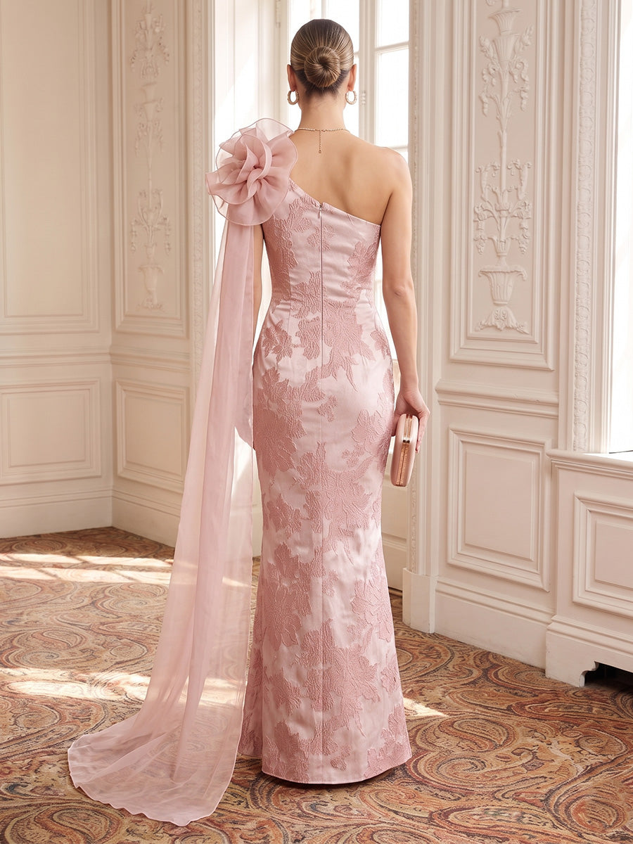 Jacquard Evening Dresses Sheath Sleeveless One Shoulder Floor Length 3D Flowers