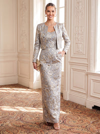 Jacquard Evening Dresses Sheath/Mermaid Scoop Neck Floor Length Long Sleeves with Jacket
