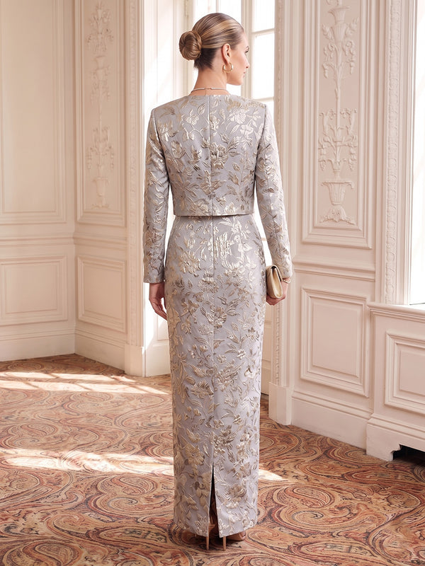Jacquard Evening Dresses Sheath/Mermaid Scoop Neck Floor Length Long Sleeves with Jacket