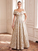 Jacquard Evening Dresses A Line Off the Shoulder Floor Length Ruched with Pockets