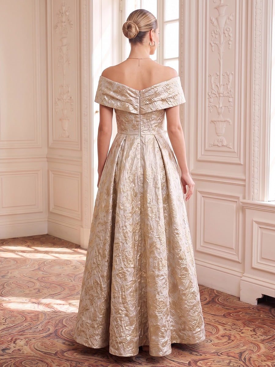 Jacquard Evening Dresses A Line Off the Shoulder Floor Length Ruched with Pockets