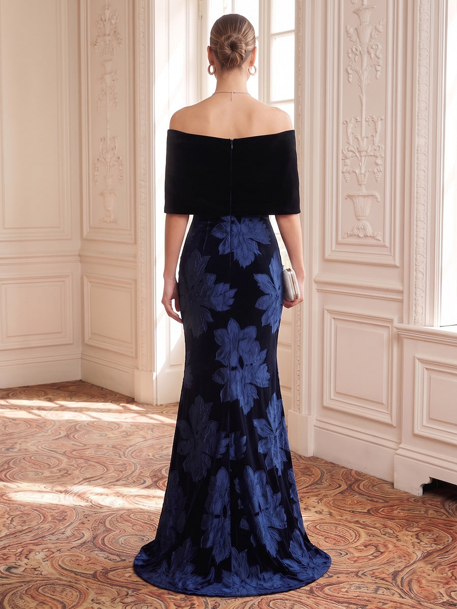Floral Velvet Evening Dresses Sheath/Mermaid Off the Shoulder Floor Length Cape Sleeves