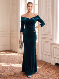 Velvet Evening Dresses Sheath/Mermaid Off the Shoulder 3/4 Sleeves Floor Length Ruched