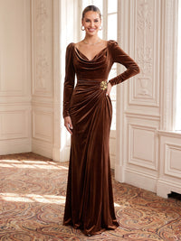 Velvet Evening Dresses Sheath/Mermaid Cowl Neck Long Sleeves Floor Length