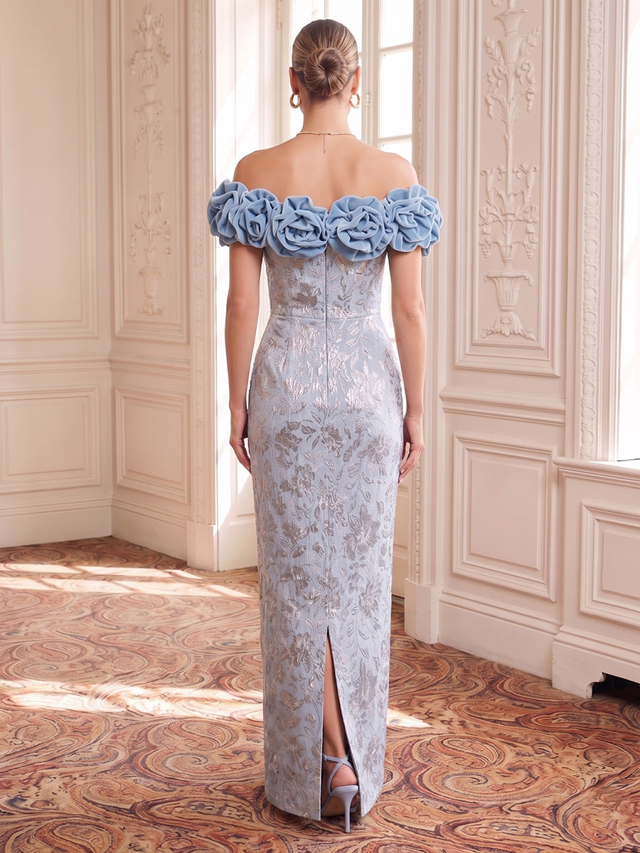 Jacquard Evening Dresses Sheath/Mermaid Off the Shoulder Floor Length 3D Flowers