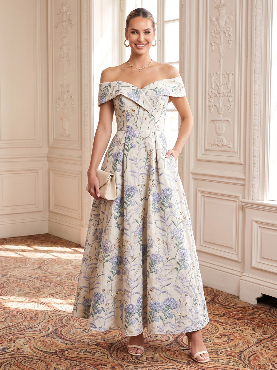 Floral Jacquard Evening Dresses A Line Off the Shoulder Ankle Length with Pockets