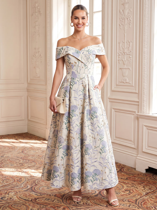 Floral Jacquard Evening Dresses A Line Off the Shoulder Ankle Length with Pockets