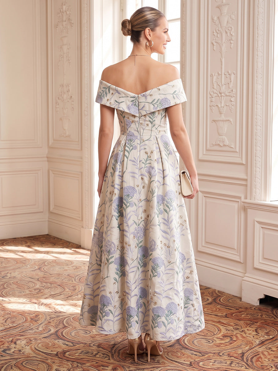 Floral Jacquard Evening Dresses A Line Off the Shoulder Ankle Length with Pockets