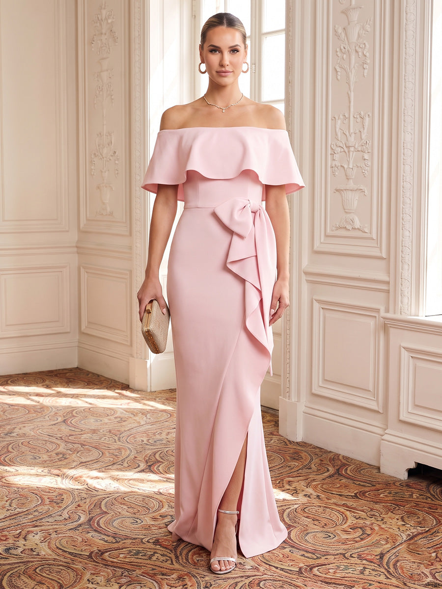 Satin Evening Dresses Sheath/Mermaid Off the Shoulder Cape Sleeves Floor Length Ruffles