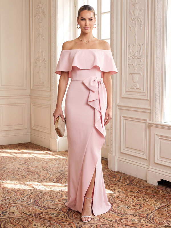 Satin Evening Dresses Sheath/Mermaid Off the Shoulder Cape Sleeves Floor Length Ruffles
