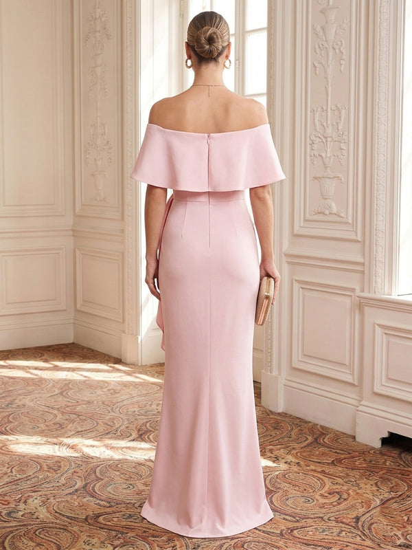 Satin Evening Dresses Sheath/Mermaid Off the Shoulder Cape Sleeves Floor Length Ruffles