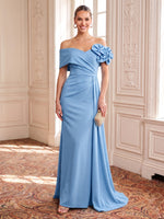 Satin Evening Dresses Sheath/Mermaid Off the Shoulder Sleeveless Floor Length 3D Flowers