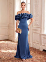 Satin Evening Dresses Mermaid/Sheath Off the Shoulder Floor Length Ruffles