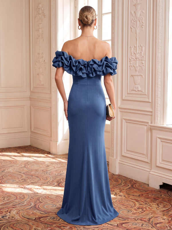 Satin Evening Dresses Mermaid/Sheath Off the Shoulder Floor Length Ruffles