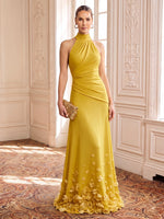 Satin Evening Dresses Sheath/Mermaid High Neck Floor Length 3D Flowers