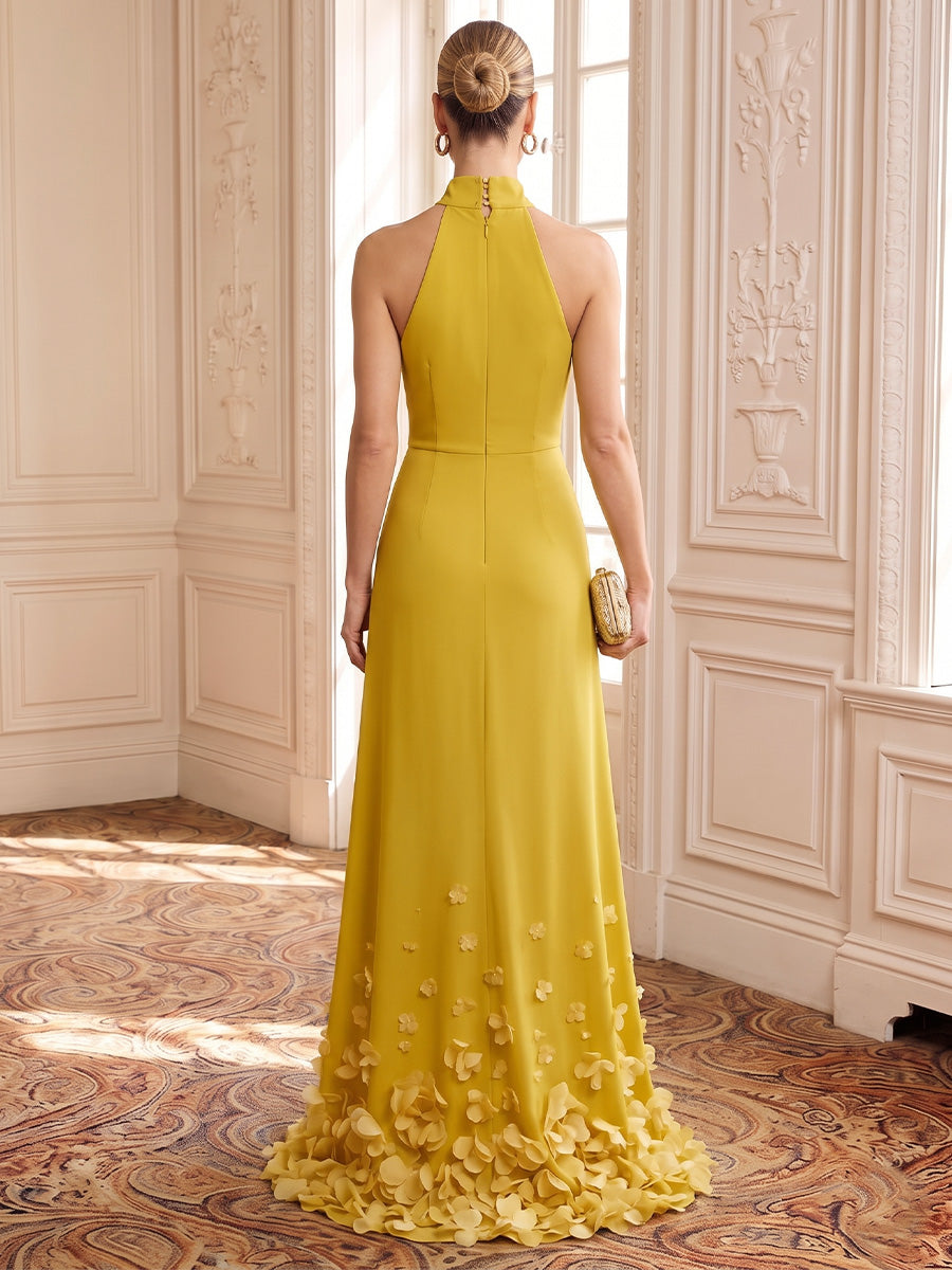 Satin Evening Dresses Sheath/Mermaid High Neck Floor Length 3D Flowers